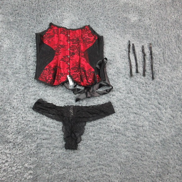 Adore Me Corset Bustier Set Womens 1X Black Lace Satin Garter Thong Lingerie NWT - Picture 13 of 16